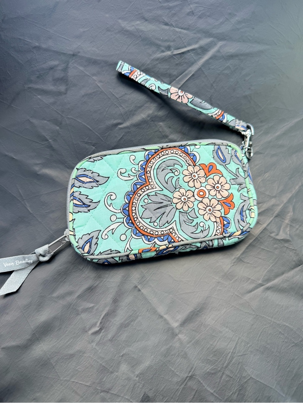 Vera Bradley Mint Paisley Quilted Wristlet with Floral Motif